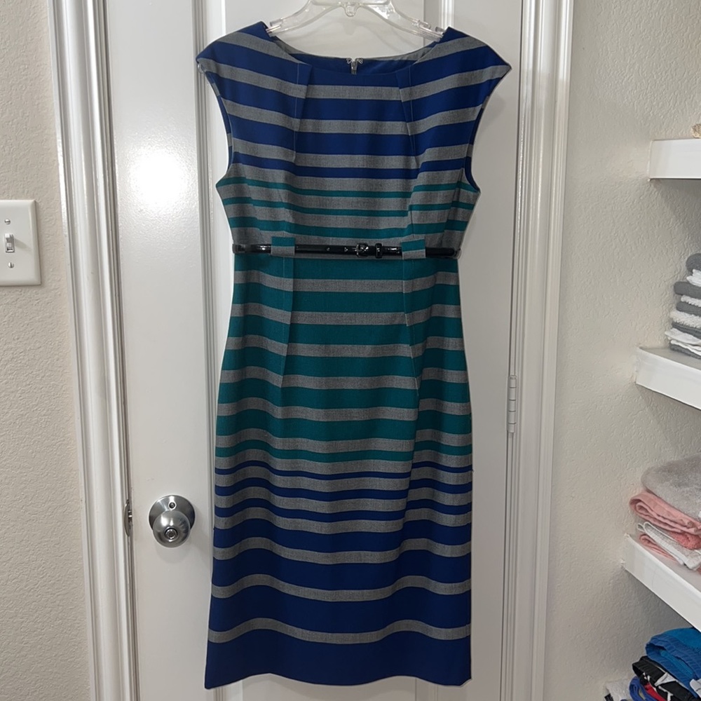 Calvin Klein size 4 striped blue gray and aqua fitted dress.